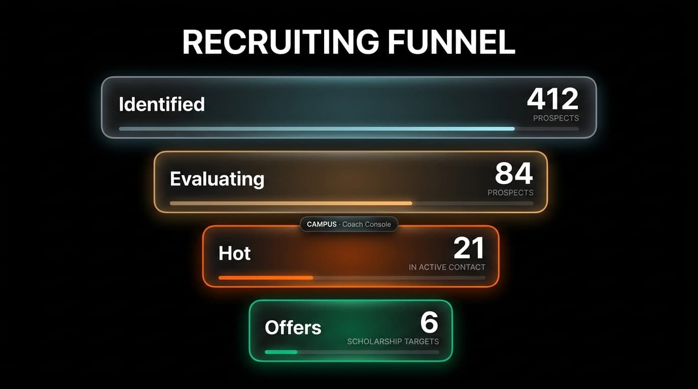CAMPUS coach recruiting funnel — 412 prospects narrowed to 6 scholarship offers